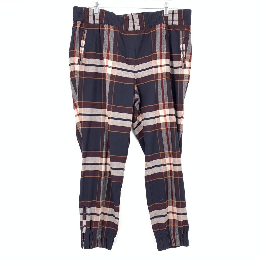 LOFT Plaid Pants Womens Size Large Blue Red Elastic Waist Jogger Leg